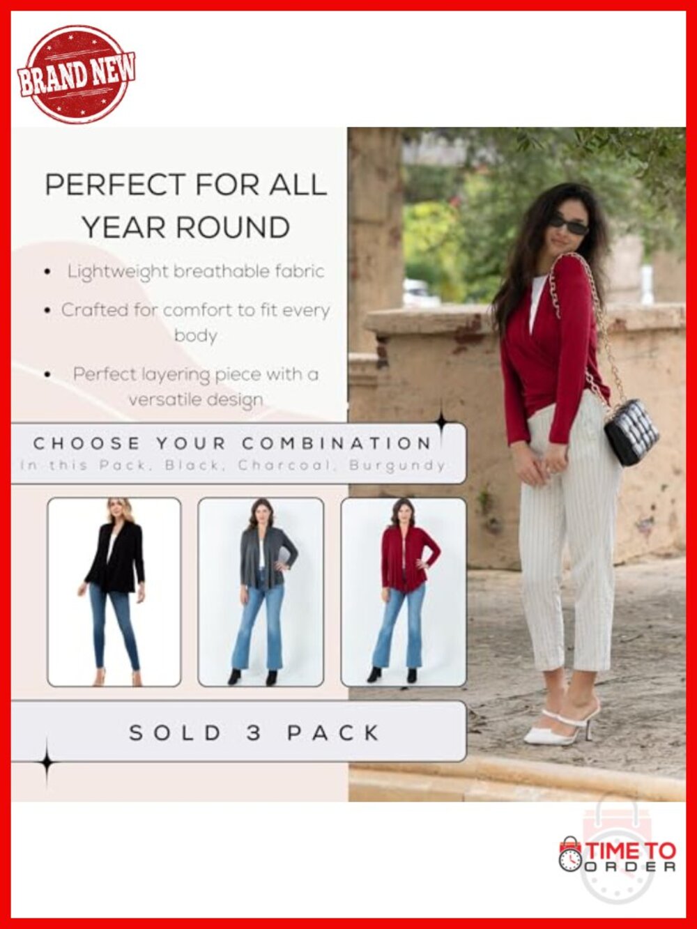 Rayon Spandex Long Sleeve Cardigan Lightweight Open Front Knit Sweater 3 Pack - Picture 3 of 6